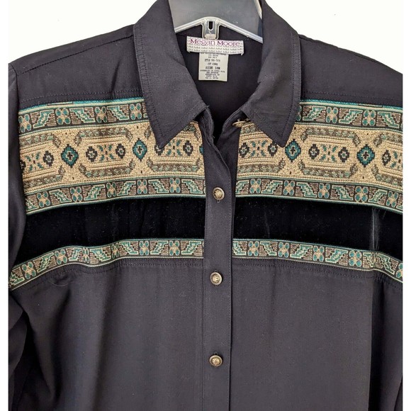 Megan Moore Vintage Embroidered Velvet Trim Black Shirt Women's Size 18W - Picture 1 of 7